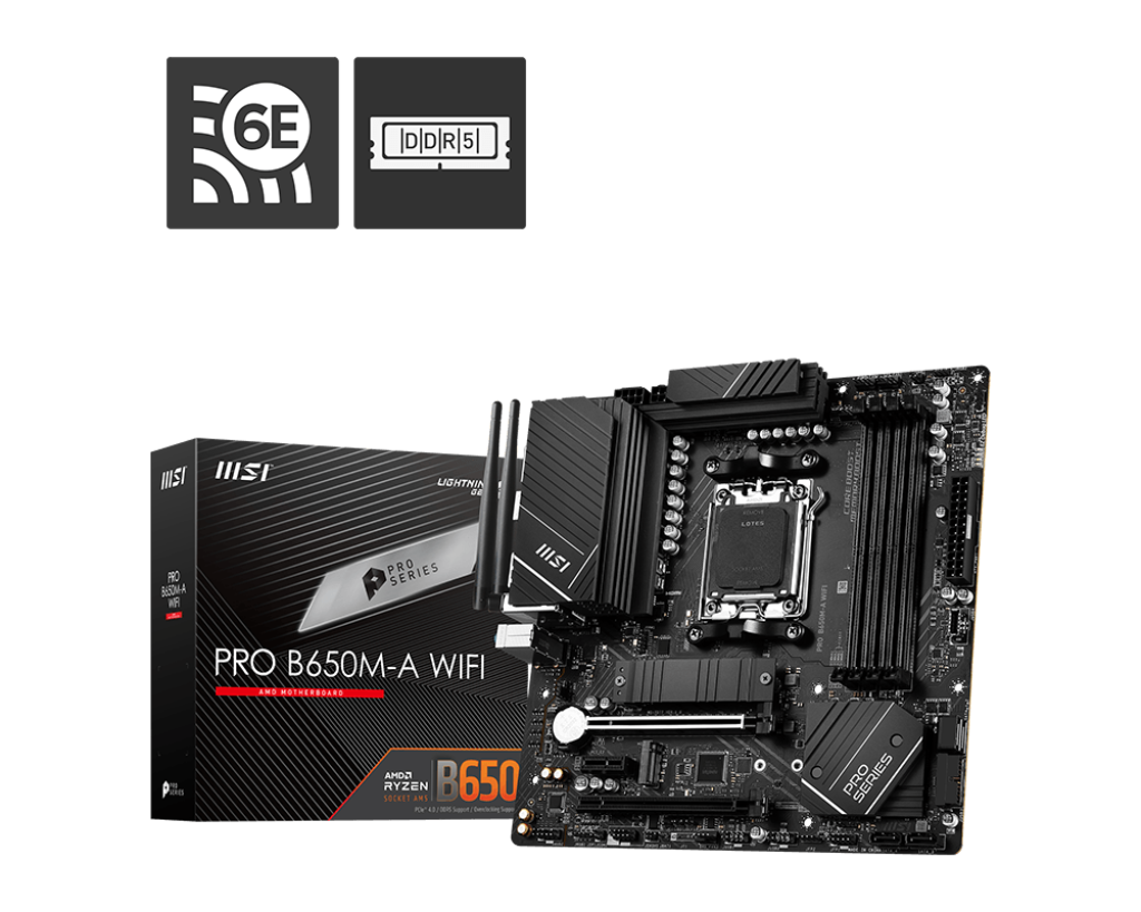 MSI PRO B650M-A WIFI AM5 Micro-ATX Motherboard, AMD B650 Chipset, 4 x 2-Channel DDR5 Slots, 128GB Max Memory, Wi-Fi 6E, 2x PCI-E x16, 2x M.2, 1x HDMI, 1x DP, USB 23.2/2.0