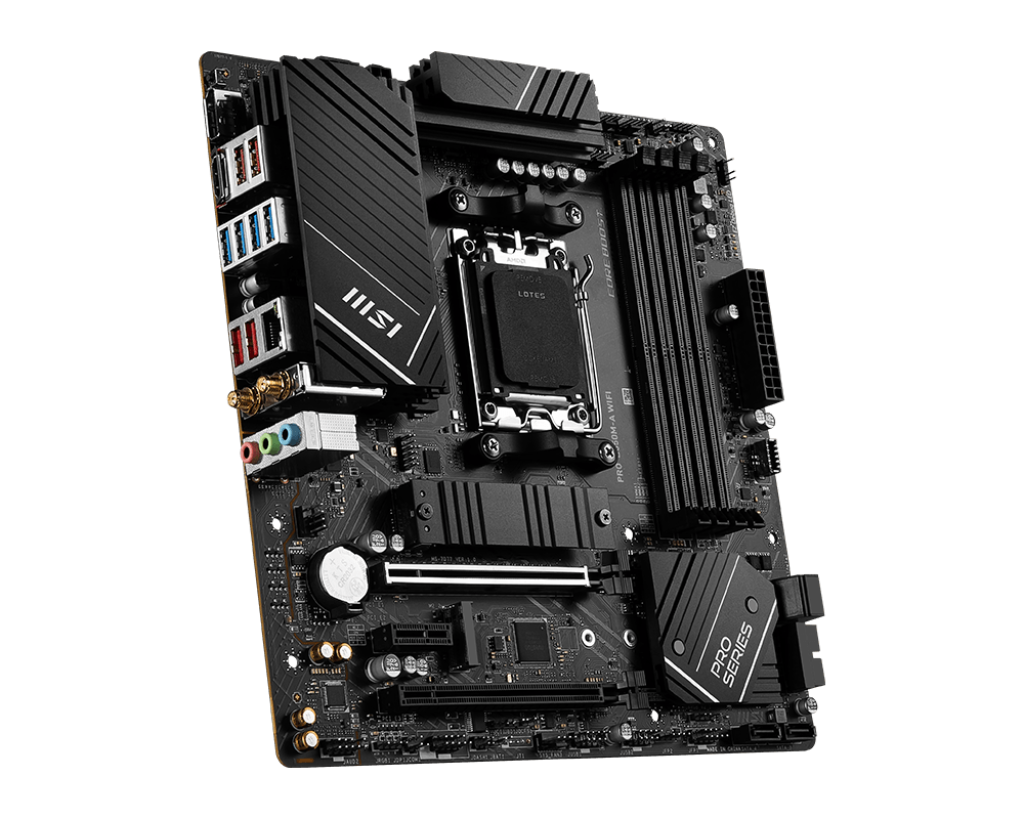 MSI PRO B650M-A WIFI AM5 Micro-ATX Motherboard, AMD B650 Chipset, 4 x 2-Channel DDR5 Slots, 128GB Max Memory, Wi-Fi 6E, 2x PCI-E x16, 2x M.2, 1x HDMI, 1x DP, USB 23.2/2.0
