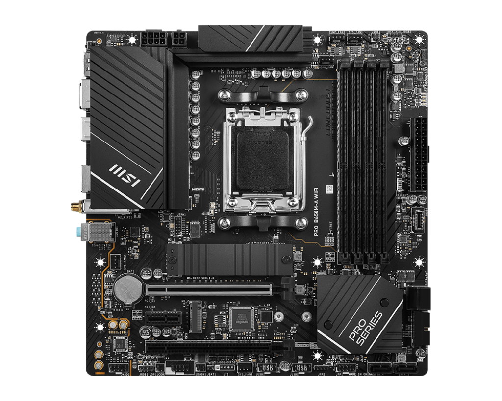 MSI PRO B650M-A WIFI AM5 Micro-ATX Motherboard, AMD B650 Chipset, 4 x 2-Channel DDR5 Slots, 128GB Max Memory, Wi-Fi 6E, 2x PCI-E x16, 2x M.2, 1x HDMI, 1x DP, USB 23.2/2.0