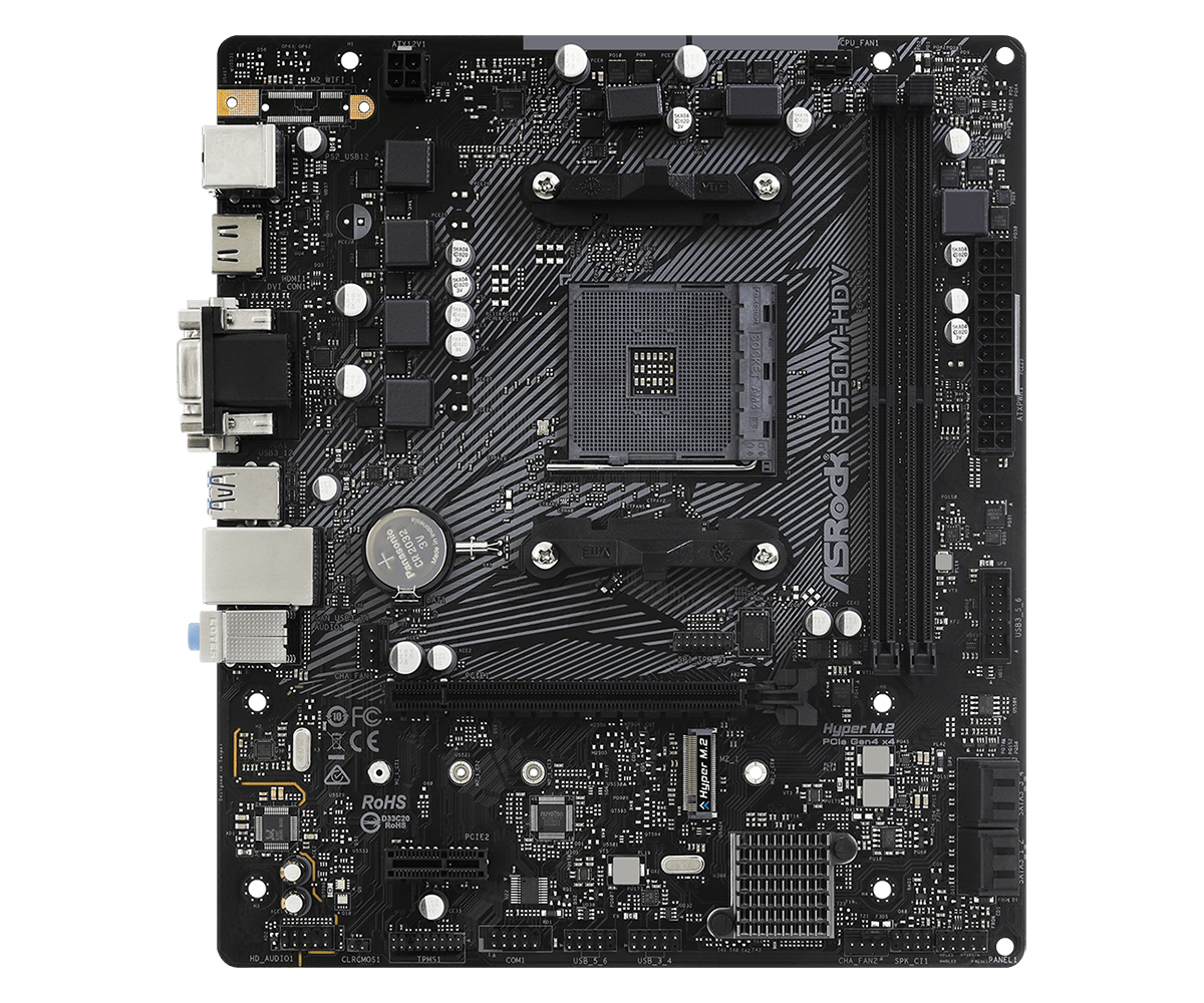 ASRock B550M-HDV Micro ATX Motherboard, AMD B550 Chipset, 2 x DDR4 DIMM Slots, Socket AM4 Socket, 7.1 CH HD Audio, Gigabit LAN, 6 Power Phase Design, 1 PCIe 4.0 x16, Black