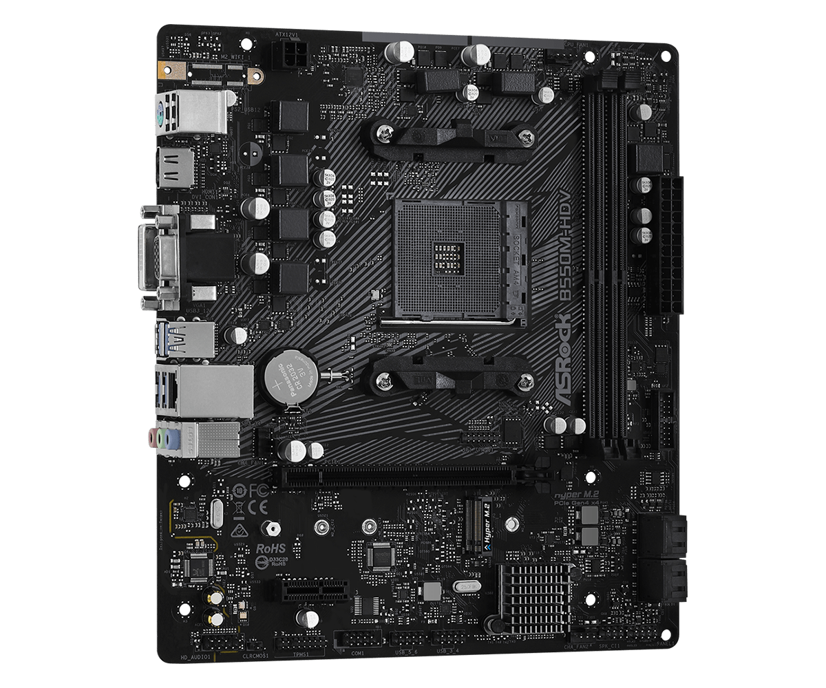 ASRock B550M-HDV Micro ATX Motherboard, AMD B550 Chipset, 2 x DDR4 DIMM Slots, Socket AM4 Socket, 7.1 CH HD Audio, Gigabit LAN, 6 Power Phase Design, 1 PCIe 4.0 x16, Black