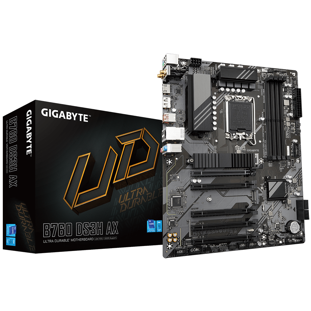 GIGABYTE B760 DS3H AX LGA 1700 ATX Motherboard, Intel B760 Chipset, 4 x DDR5 DIMM, Up to 192GB Memory, Wi-Fi 6E AX21, BT 5.3, 1x PCI Ex16, 1x M.2, 1x HDMI, 1x DP, USB Type-C