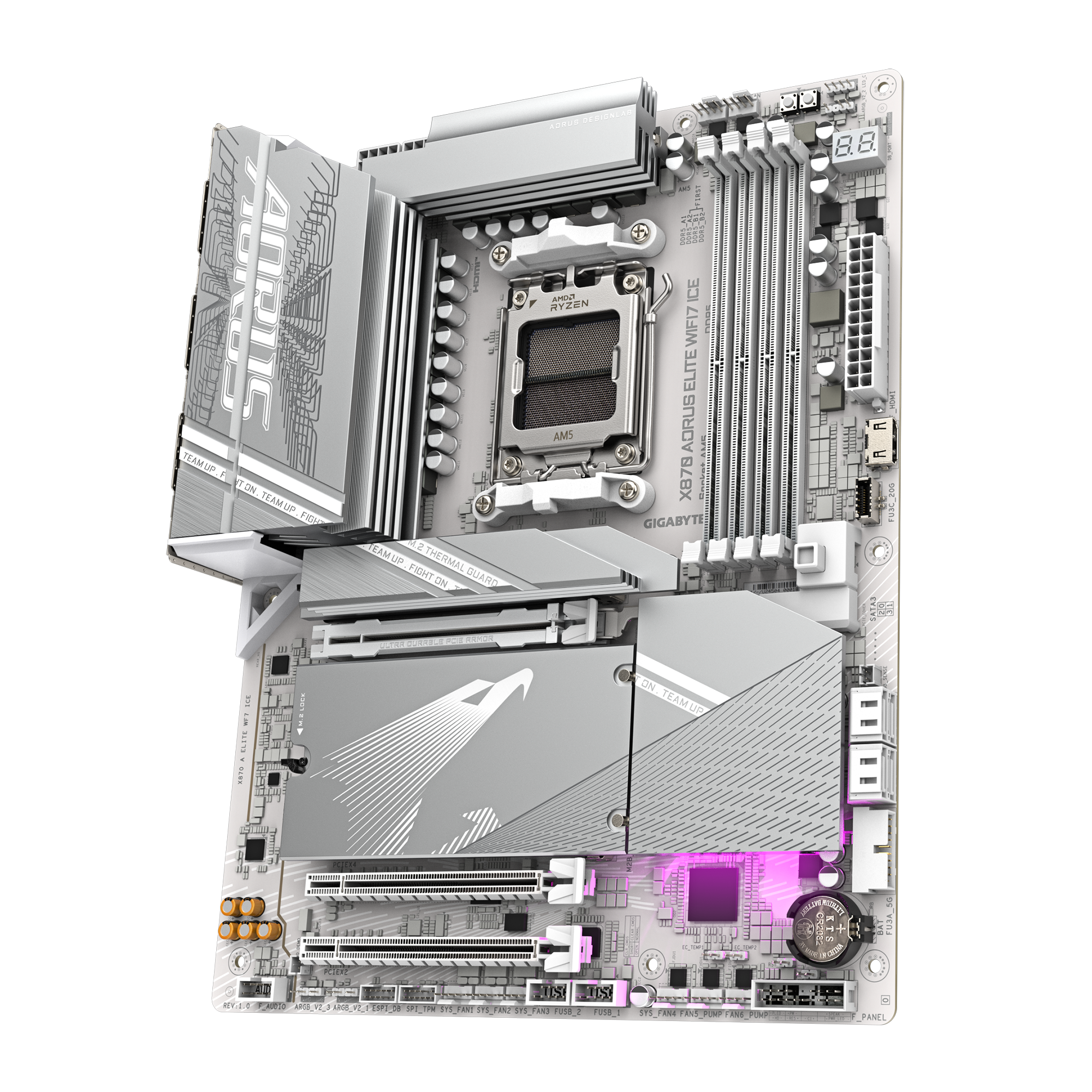 GIGABYTE X870 Aorus Elite WiFi7 Ice AM5 ATX Motherboard, AMD X870 Chipset, 4x DDR5 DIMM Slot, 256GB Max Memory, 4x M.2 Slots, 1x PCIe 5.0 x16, White