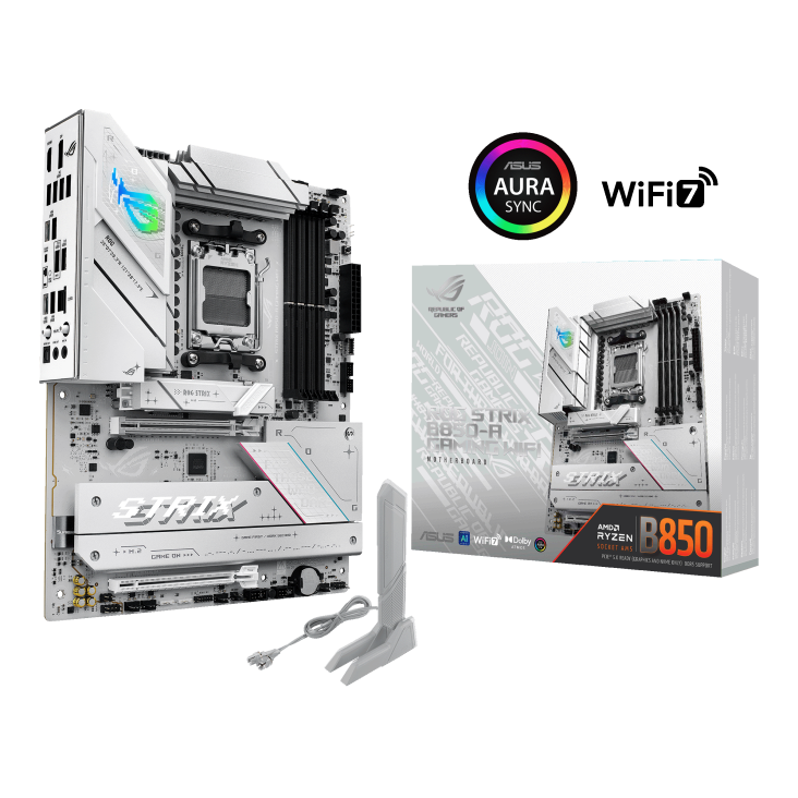 ASUS ROG Strix B850-A GAMING WIFI AM5 ATX Motherboard, AMD B850 Chipset, 4x DIMM DDR5 Slots, Up to 192GB Max Memory, 1x PCIe 5.0 x16 SafeSlot, 4x M.2 Slots, WiFi & BT, White