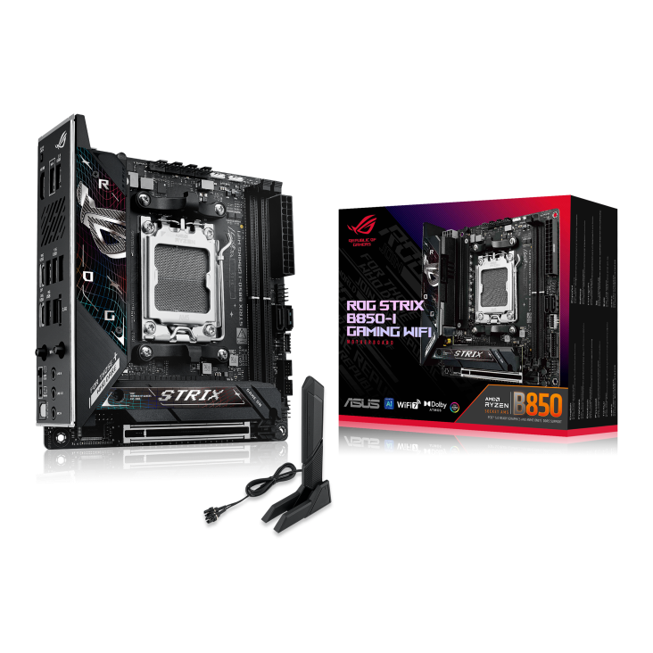 ASUS ROG Strix B850-I Gaming WiFi AM5 Mini-ITX Motherboard, AMD B850 Chipset, 2x DIMM DDR5 Slots, Up to 96GB Max Memory, 1x PCIe 5.0 x16, 2x M.2 Slots, WiFi & BT Connectivity