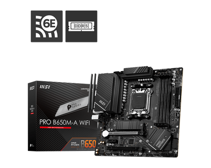 MSI PRO B650M-A WIFI AM5 Micro-ATX Motherboard, AMD B650 Chipset, 4 x 2-Channel DDR5 Slots, 128GB Max Memory, Wi-Fi 6E, 2x PCI-E x16, 2x M.2, 1x HDMI, 1x DP, USB 23.2/2.0