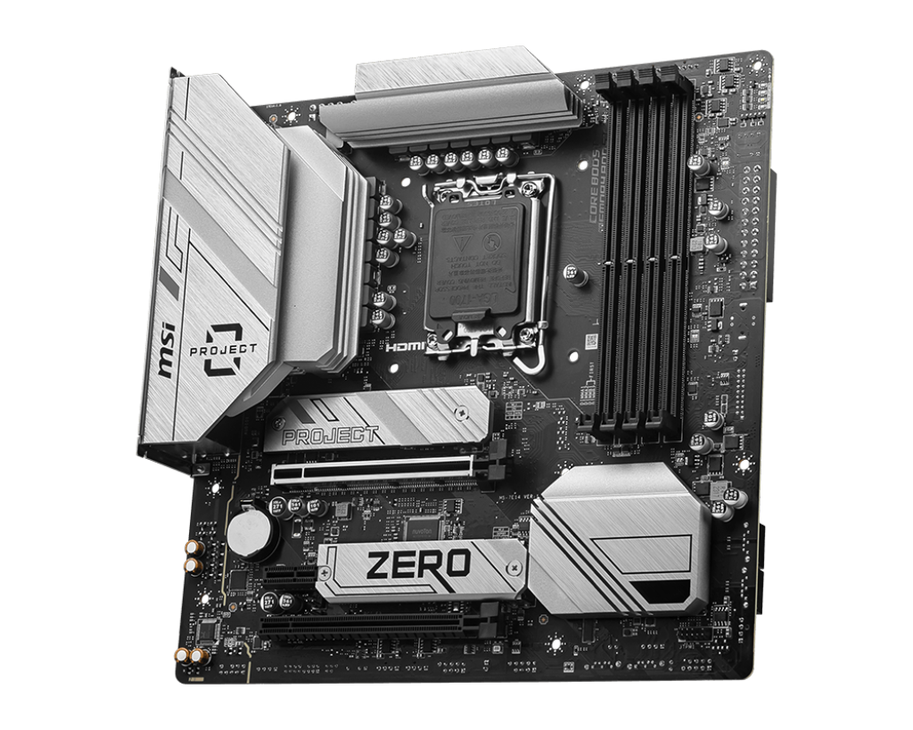 MSI B760M MSI PROJECT ZERO LGA 1700 mATX Motherboard, Intel B760 Chipset, 4x DDR5 Slots / 192GB Max, Wi-Fi 6E / BT 5.3, 2x PCI-E x16, 2x M.2, USB 3.2 Type-C, 1x HDMI / 1x DP