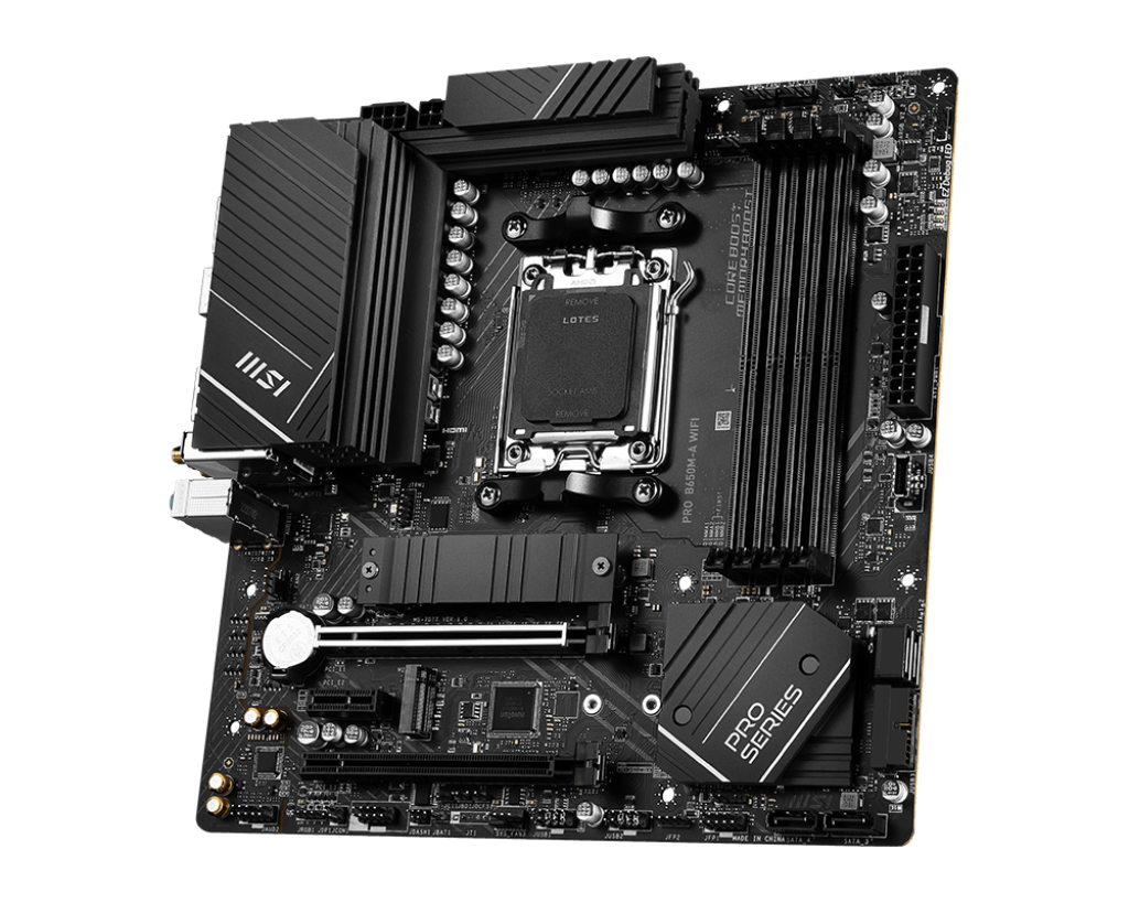 MSI PRO B650M-A WIFI AM5 Micro-ATX Motherboard, AMD B650 Chipset, 4 x 2-Channel DDR5 Slots, 128GB Max Memory, Wi-Fi 6E, 2x PCI-E x16, 2x M.2, 1x HDMI, 1x DP, USB 23.2/2.0