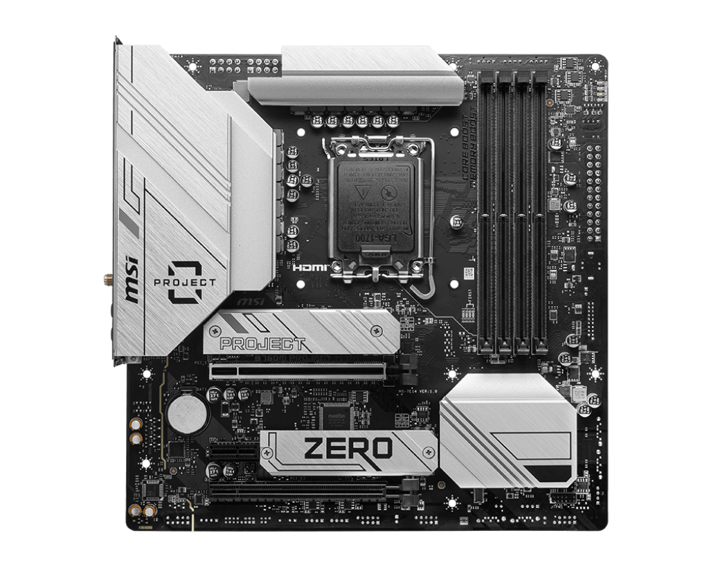 MSI B760M MSI PROJECT ZERO LGA 1700 mATX Motherboard, Intel B760 Chipset, 4x DDR5 Slots / 192GB Max, Wi-Fi 6E / BT 5.3, 2x PCI-E x16, 2x M.2, USB 3.2 Type-C, 1x HDMI / 1x DP