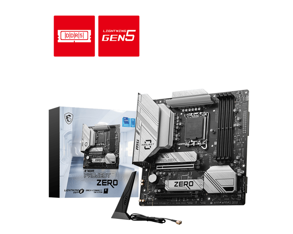 MSI B760M MSI PROJECT ZERO LGA 1700 mATX Motherboard, Intel B760 Chipset, 4x DDR5 Slots / 192GB Max, Wi-Fi 6E / BT 5.3, 2x PCI-E x16, 2x M.2, USB 3.2 Type-C, 1x HDMI / 1x DP