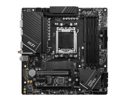 MSI PRO B650M-A WIFI AM5 Micro-ATX Motherboard, AMD B650 Chipset, 4 x 2-Channel DDR5 Slots, 128GB Max Memory, Wi-Fi 6E, 2x PCI-E x16, 2x M.2, 1x HDMI, 1x DP, USB 23.2/2.0
