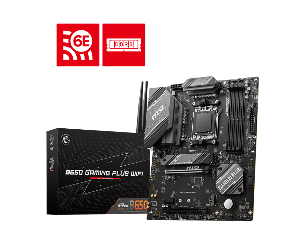 MSI B650 GAMING PLUS WIFI AM5 ATX Motherboard, AMD B650 Chipset, 4x DDR5 / 192GB Max Capacity, 2x PCI-E x16, 2x M.2, Wi-Fi 6E / 2.5G LAN, BT 5.3, USB 3.2 C/A, HDMI / DP | 911-7E26-001