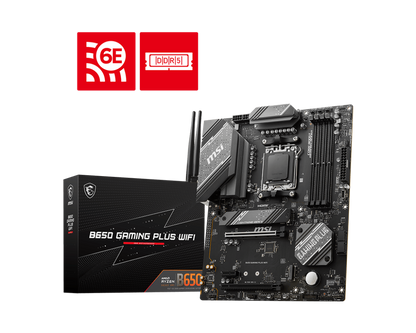 MSI B650 GAMING PLUS WIFI AM5 ATX Motherboard, AMD B650 Chipset, 4x DDR5 / 192GB Max Capacity, 2x PCI-E x16, 2x M.2, Wi-Fi 6E / 2.5G LAN, BT 5.3, USB 3.2 C/A, HDMI / DP | 911-7E26-001