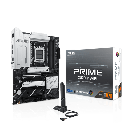 ASUS PRIME X870-P WIFI ATX Motherboard, AMD X870 Chipset, 4x DIMM DDR5 Slots, 192GB Max Memory, Realtek 2.5Gb Ethernet, 4x M.2 Slots, 1x PCIe 5.0, 3x PCIe 4.0 x16, BT 5.4, HDMI