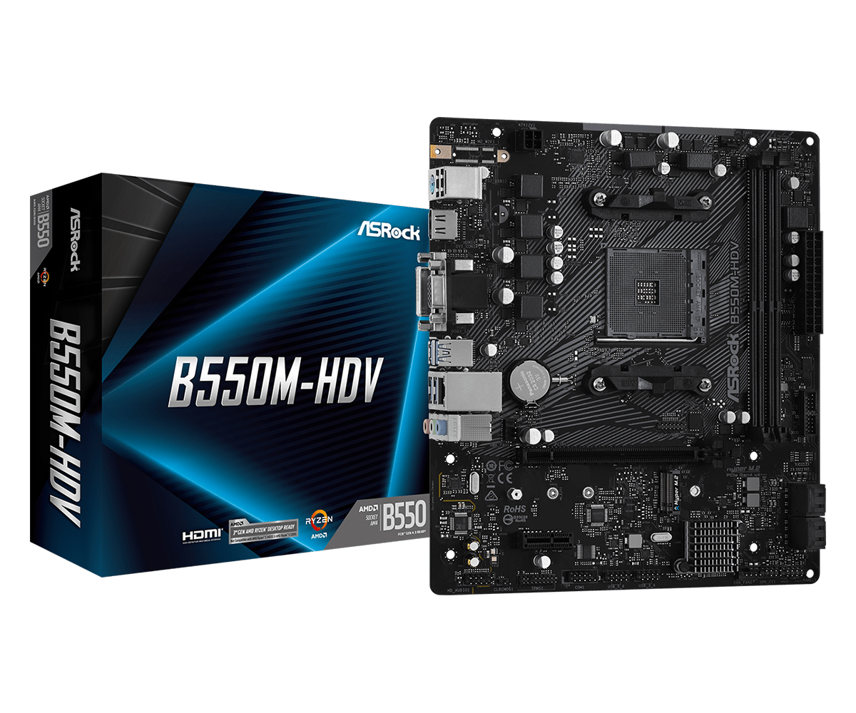 ASRock B550M-HDV Micro ATX Motherboard, AMD B550 Chipset, 2 x DDR4 DIMM Slots, Socket AM4 Socket, 7.1 CH HD Audio, Gigabit LAN, 6 Power Phase Design, 1 PCIe 4.0 x16, Black