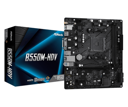 ASRock B550M-HDV Micro ATX Motherboard, AMD B550 Chipset, 2 x DDR4 DIMM Slots, Socket AM4 Socket, 7.1 CH HD Audio, Gigabit LAN, 6 Power Phase Design, 1 PCIe 4.0 x16, Black