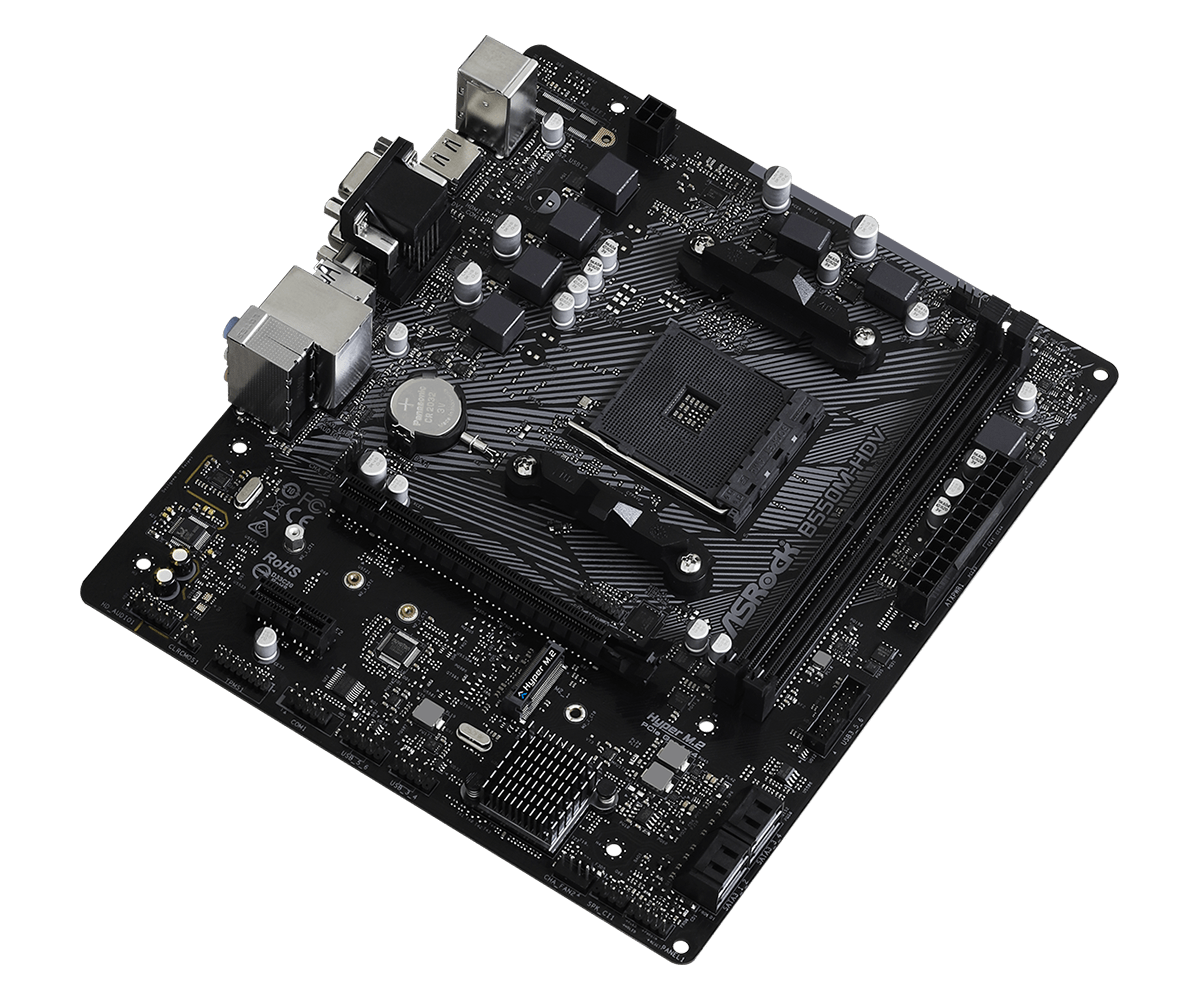 ASRock B550M-HDV Micro ATX Motherboard, AMD B550 Chipset, 2 x DDR4 DIMM Slots, Socket AM4 Socket, 7.1 CH HD Audio, Gigabit LAN, 6 Power Phase Design, 1 PCIe 4.0 x16, Black