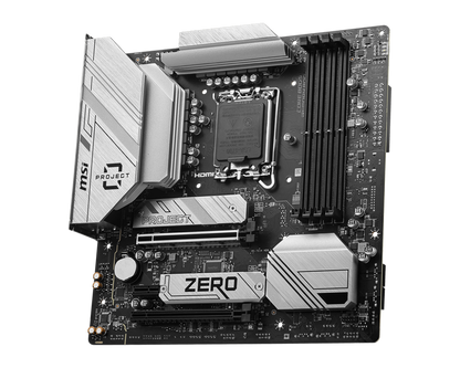 MSI B760M MSI PROJECT ZERO LGA 1700 mATX Motherboard, Intel B760 Chipset, 4x DDR5 Slots / 192GB Max, Wi-Fi 6E / BT 5.3, 2x PCI-E x16, 2x M.2, USB 3.2 Type-C, 1x HDMI / 1x DP