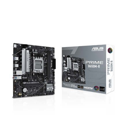 ASUS Prime B650M-R AM5 m-ATX Motherboard, AMD B650 Chipset, 2x DIMM DDR5 RAM, 96GB Max Memory, Realtek 2.5Gb Ethernet, 2x M.2 Slots, 1x PCIe 4.0 x16 Slot