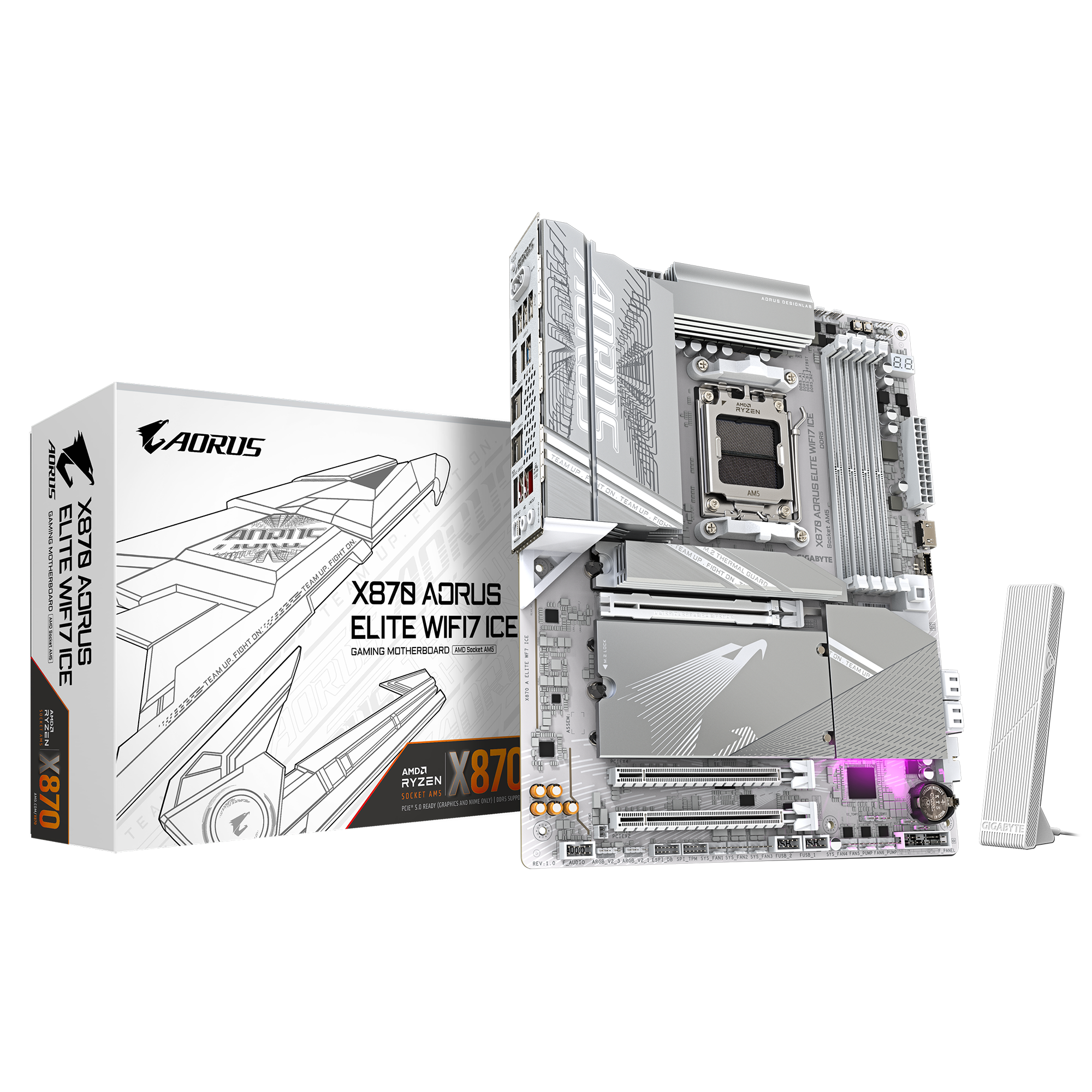 GIGABYTE X870 Aorus Elite WiFi7 Ice AM5 ATX Motherboard, AMD X870 Chipset, 4x DDR5 DIMM Slot, 256GB Max Memory, 4x M.2 Slots, 1x PCIe 5.0 x16, White