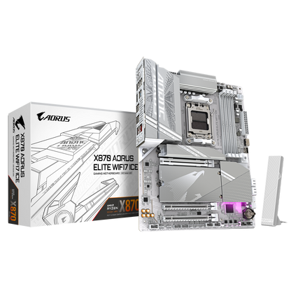 GIGABYTE X870 Aorus Elite WiFi7 Ice AM5 ATX Motherboard, AMD X870 Chipset, 4x DDR5 DIMM Slot, 256GB Max Memory, 4x M.2 Slots, 1x PCIe 5.0 x16, White