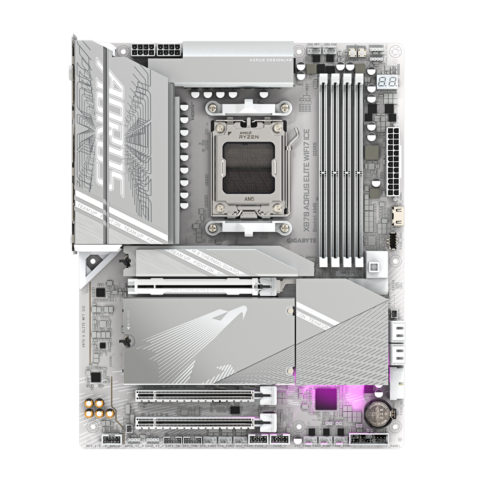 GIGABYTE X870 Aorus Elite WiFi7 Ice AM5 ATX Motherboard, AMD X870 Chipset, 4x DDR5 DIMM Slot, 256GB Max Memory, 4x M.2 Slots, 1x PCIe 5.0 x16, White