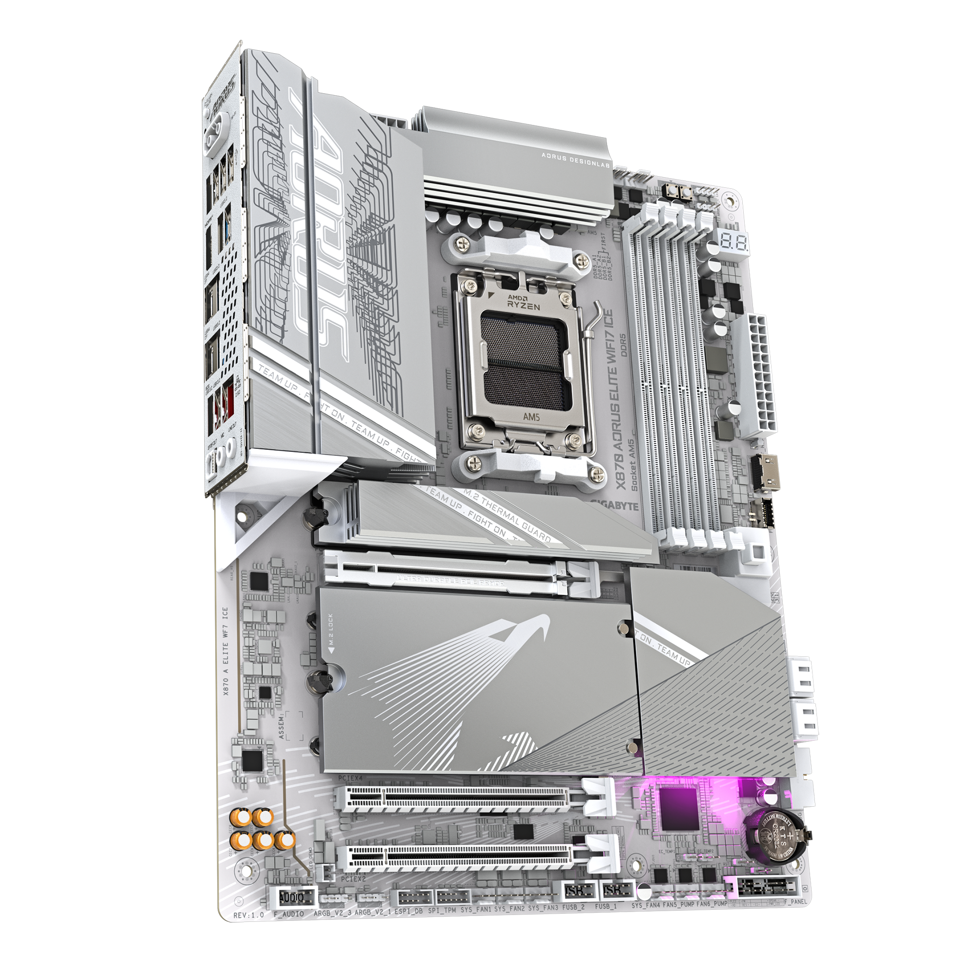 GIGABYTE X870 Aorus Elite WiFi7 Ice AM5 ATX Motherboard, AMD X870 Chipset, 4x DDR5 DIMM Slot, 256GB Max Memory, 4x M.2 Slots, 1x PCIe 5.0 x16, White