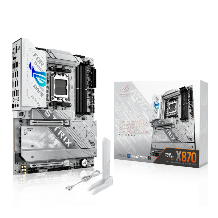 ASUS ROG STRIX X870-A GAMING WIFI ATX Motherboard, AMD X870 Chipset, 4x DIMM DDR5 Slots, 192GB Max Memory, 4x M.2 Slots, 1x PCIe 5.0, 1x PCIe 4.0, HDMI Port, DisplayPort
